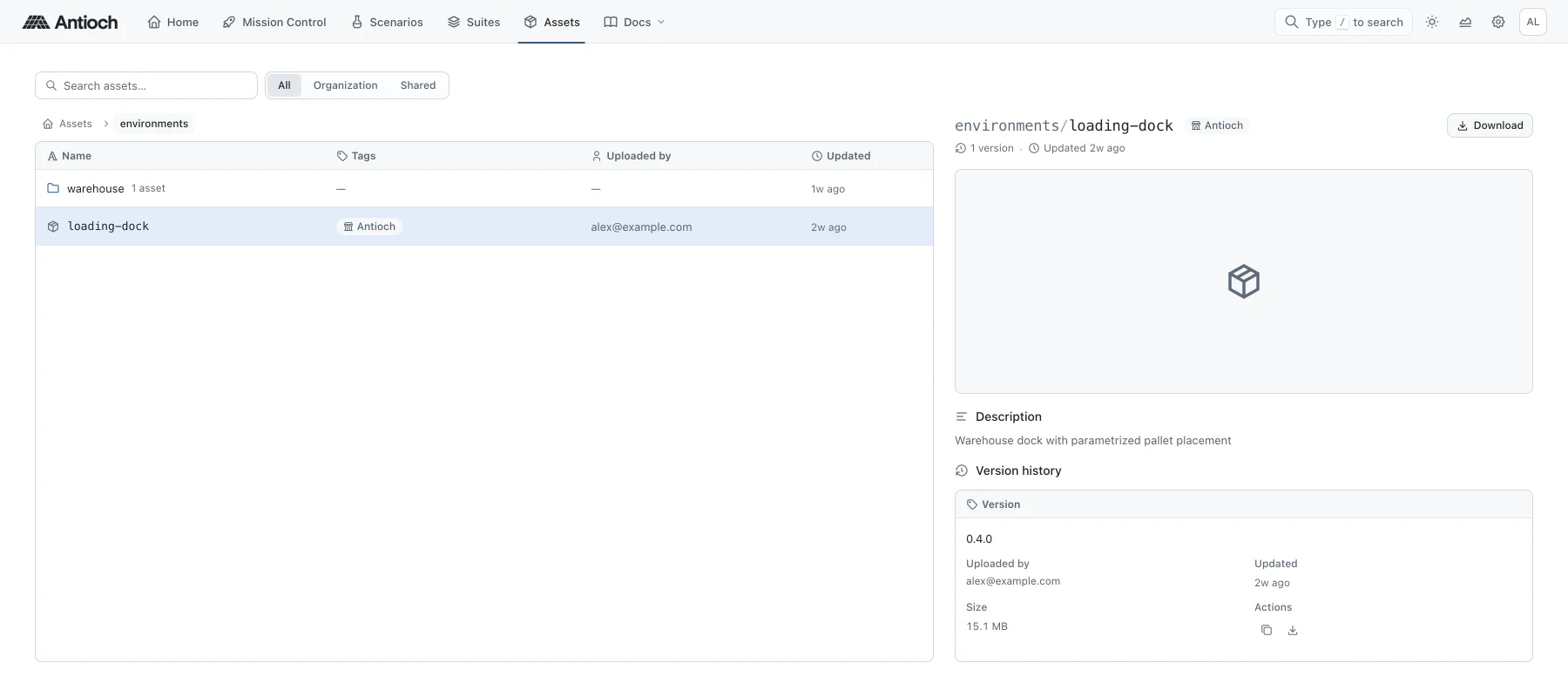 The asset catalog, with search and filters for organization and shared assets.