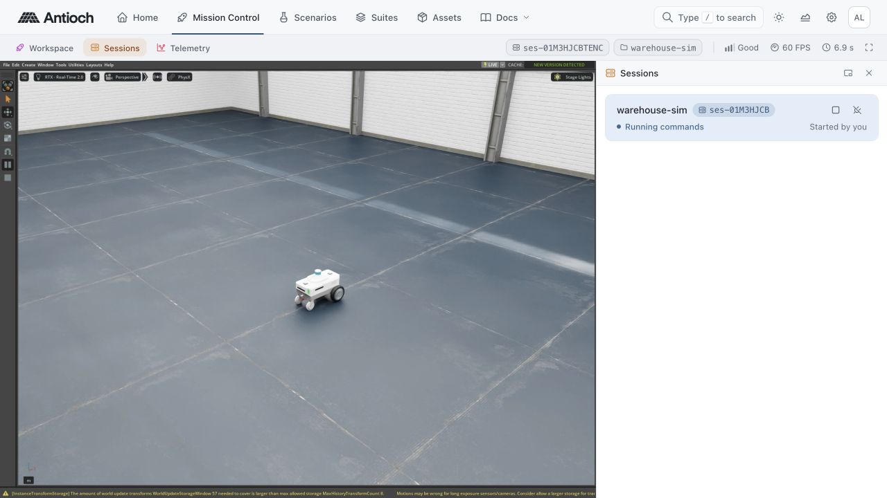 The Nova Carter robot in the warehouse, streaming in Mission Control.